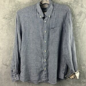 Barbour Tailored Fit Linen button down shirt Mens Blue Check Flip Cuff Large